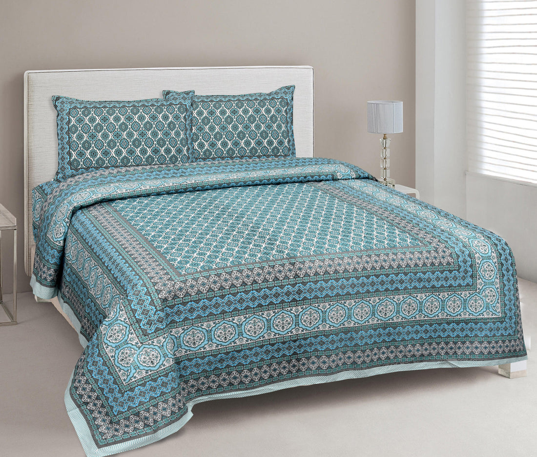 Firozi Chhaon Hand Block Printed Cotton King Bedsheet Set
