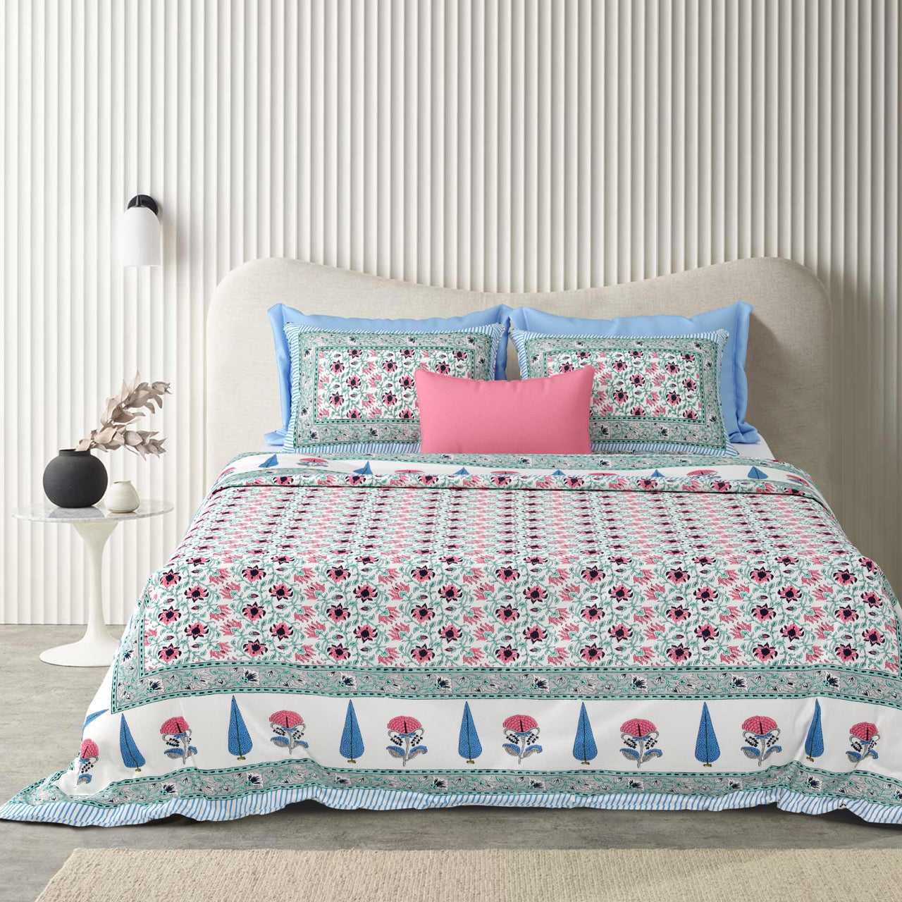 Azure Fern Hand Block Printed Cotton King Bedsheet Set