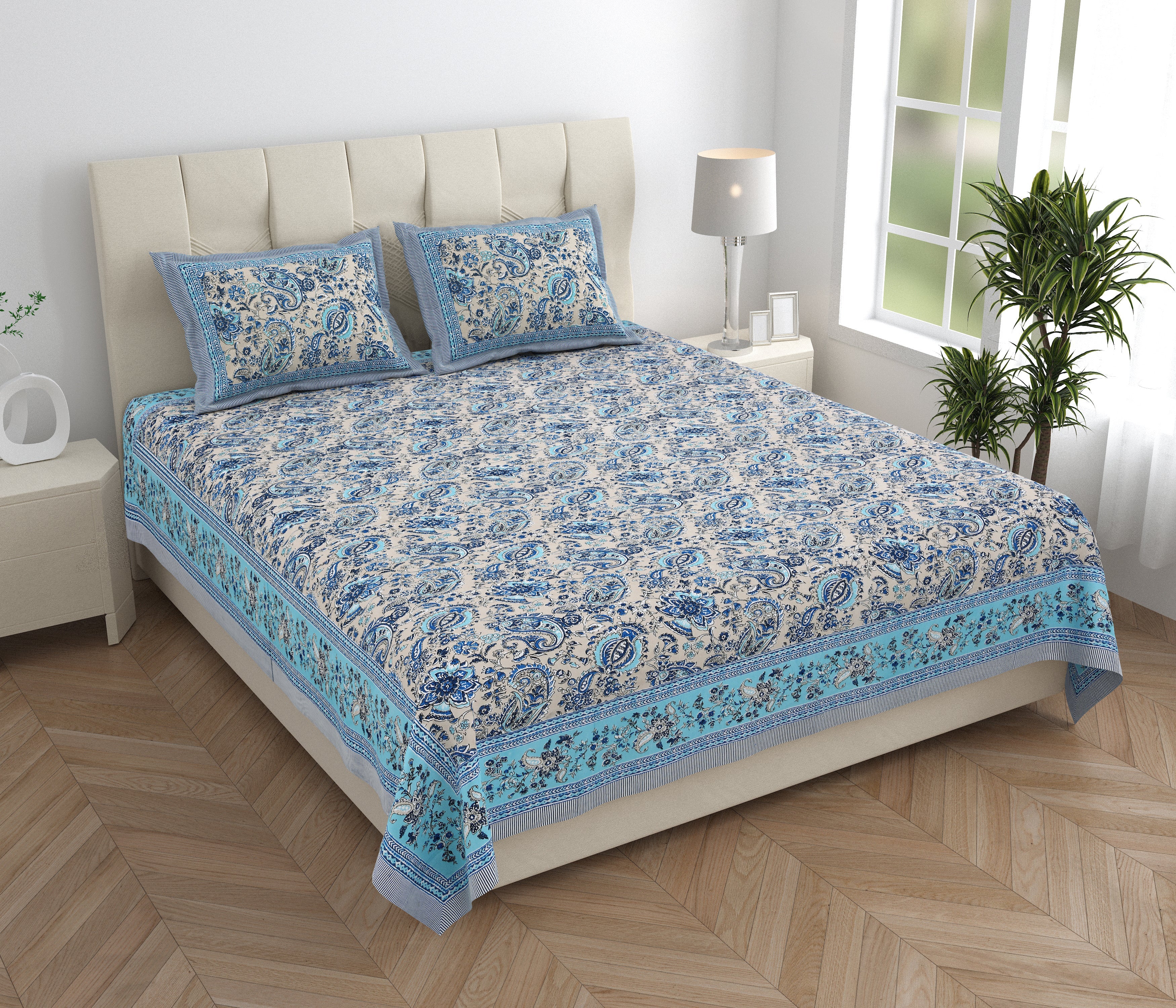 Silver Breeze Hand Block Printed Cotton King Bedsheet Set