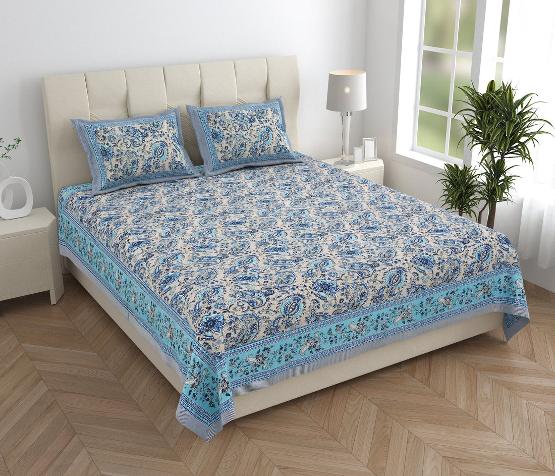 Silver Breeze Hand Block Printed Cotton King Bedsheet Set