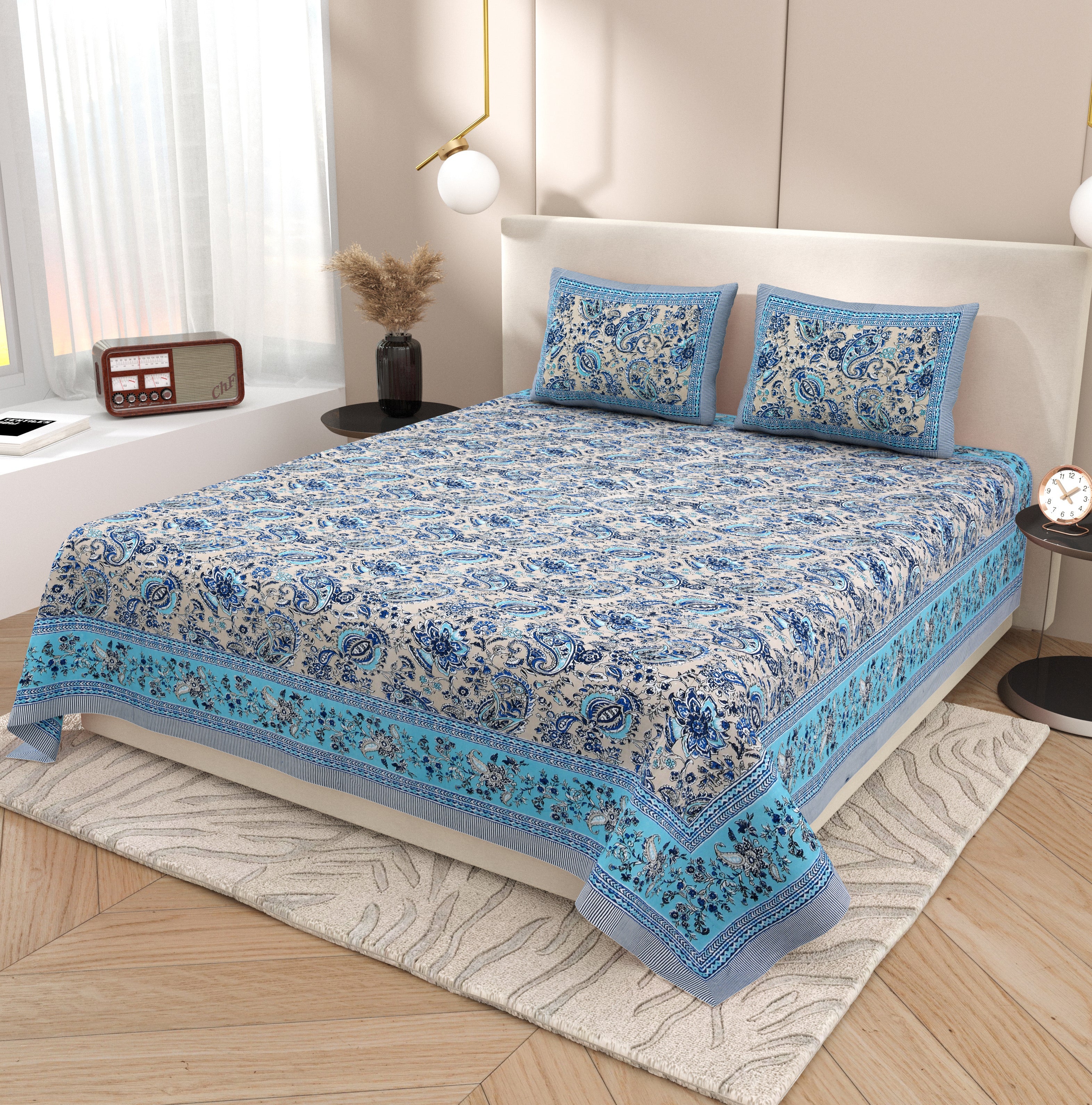 Silver Breeze Hand Block Printed Cotton King Bedsheet Set | 90×108 | 240 TC