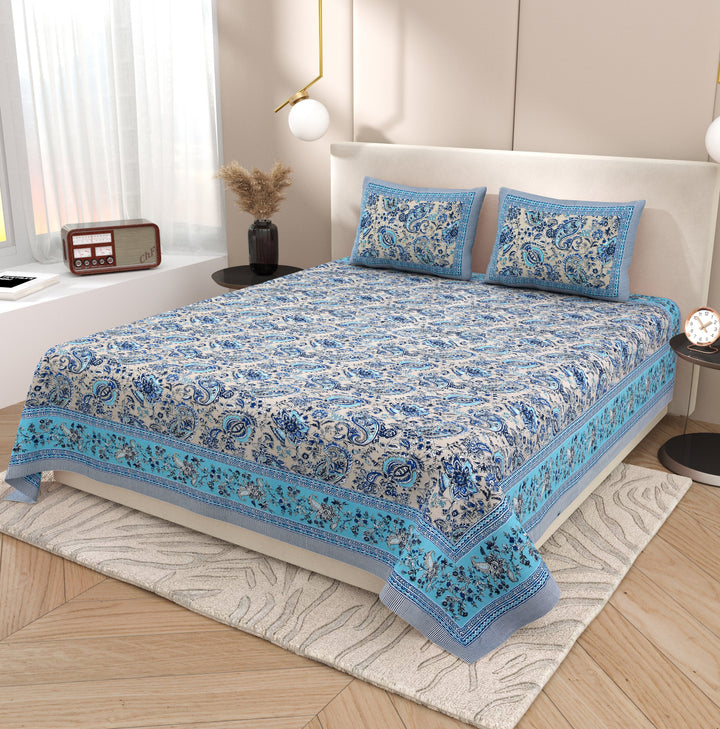 Silver Breeze Hand Block Printed Cotton King Bedsheet Set | 90×108 | 240 TC
