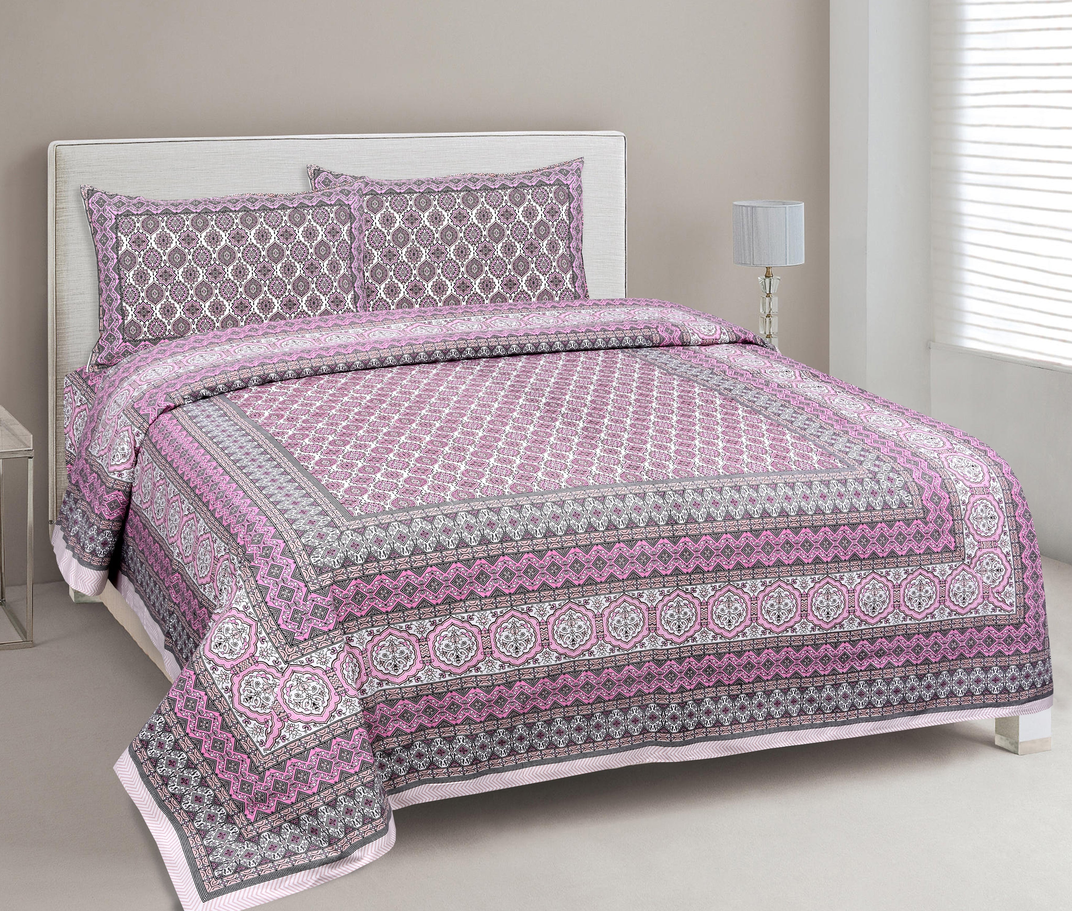 Gulabi Chhaon Hand Block Printed Cotton King Bedsheet Set