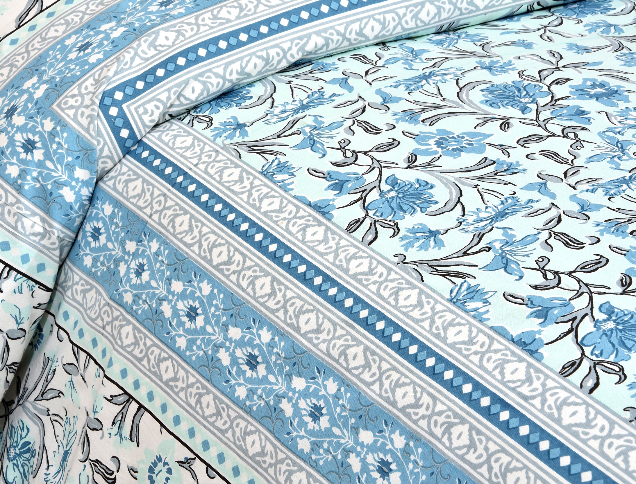 Aqua Garden Hand Block Printed Cotton King Bedsheet Set | 90×108 | 240 TC