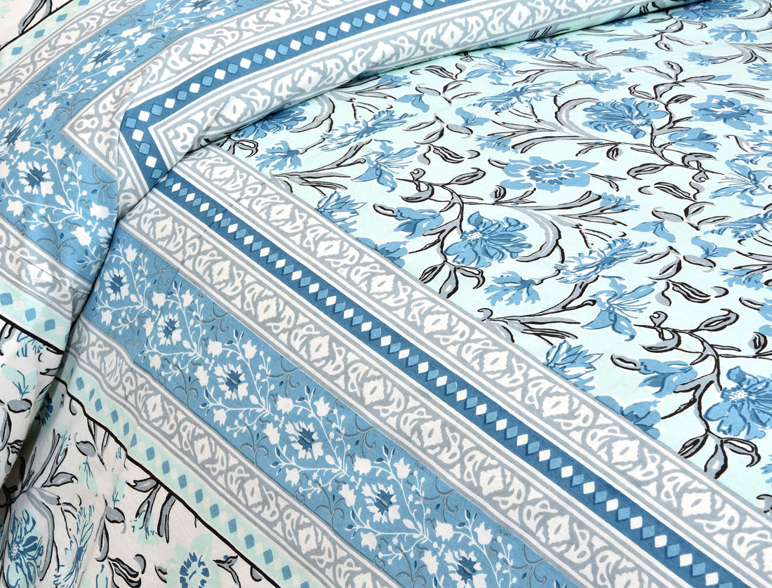 Aqua Garden Hand Block Printed Cotton King Bedsheet Set | 90×108 | 240 TC
