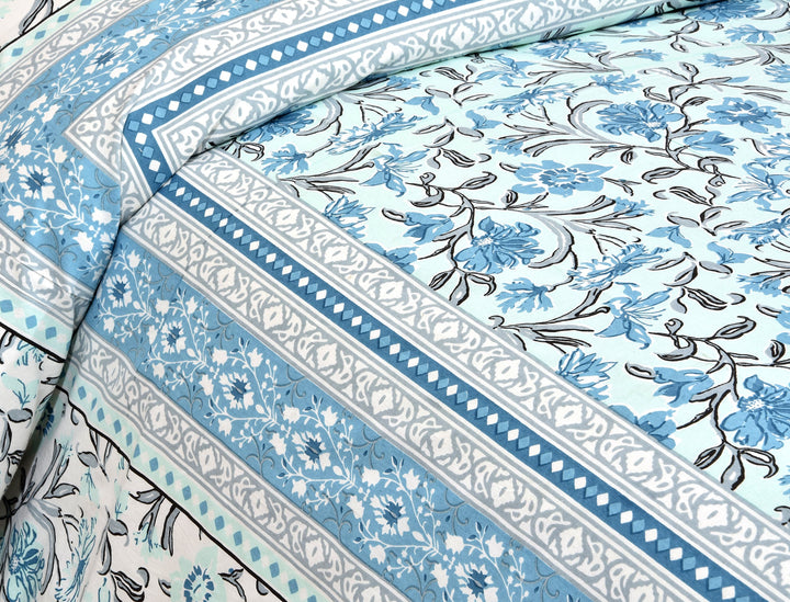 Aqua Garden Hand Block Printed Cotton King Bedsheet Set | 90×108 | 240 TC