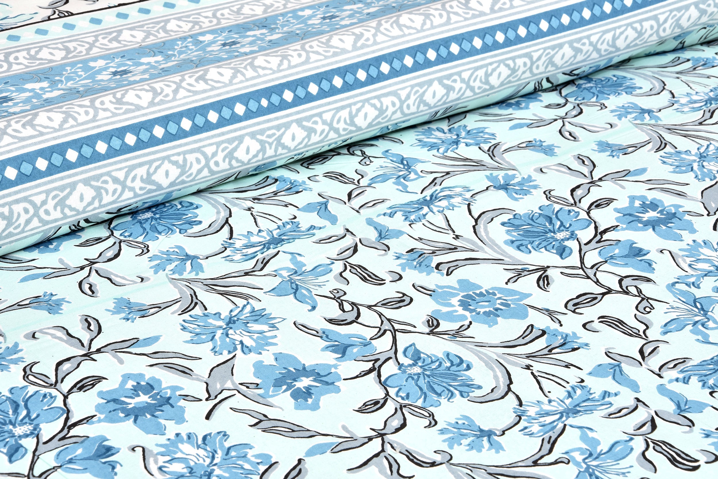 Aqua Garden Hand Block Printed Cotton King Bedsheet Set | 90×108 | 240 TC