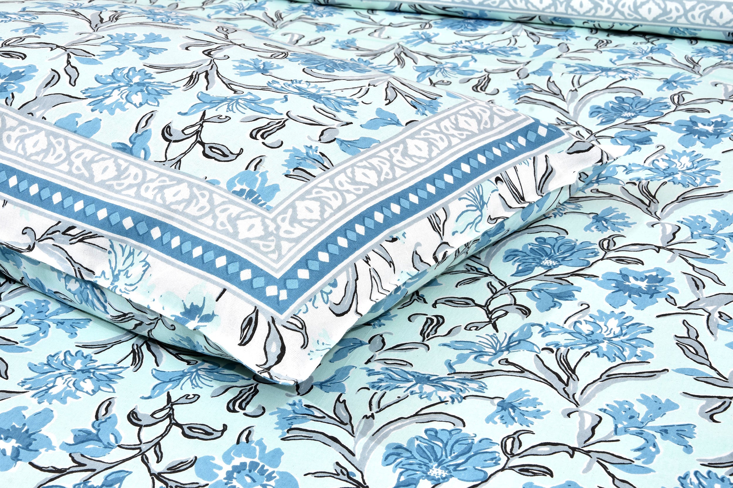 Aqua Garden Hand Block Printed Cotton King Bedsheet Set | 90×108 | 240 TC