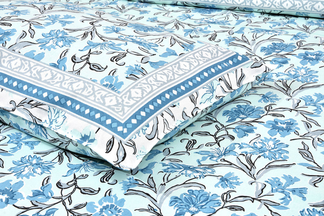 Aqua Garden Hand Block Printed Cotton King Bedsheet Set | 90×108 | 240 TC