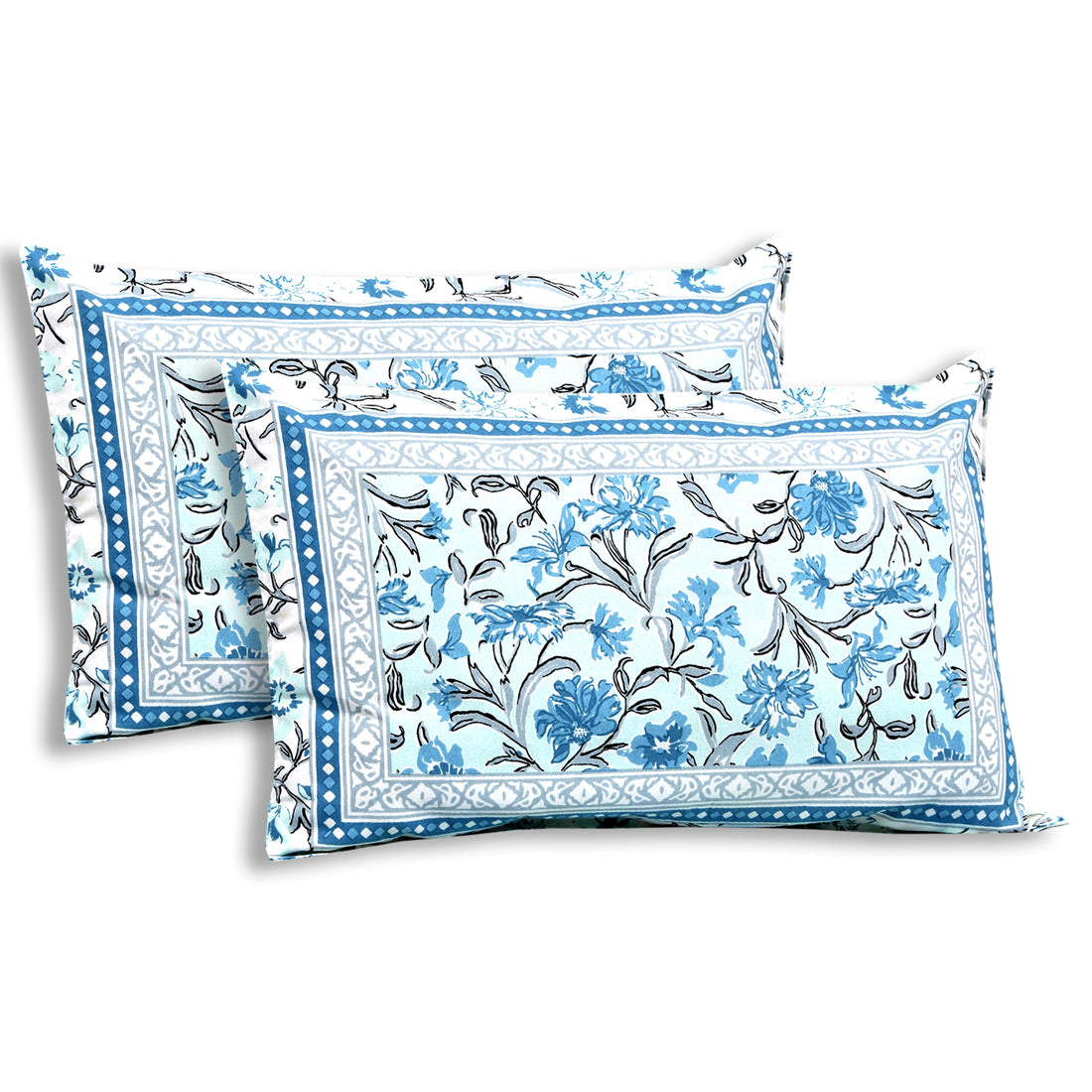 Aqua Garden Hand Block Printed Cotton King Bedsheet Set | 90×108 | 240 TC