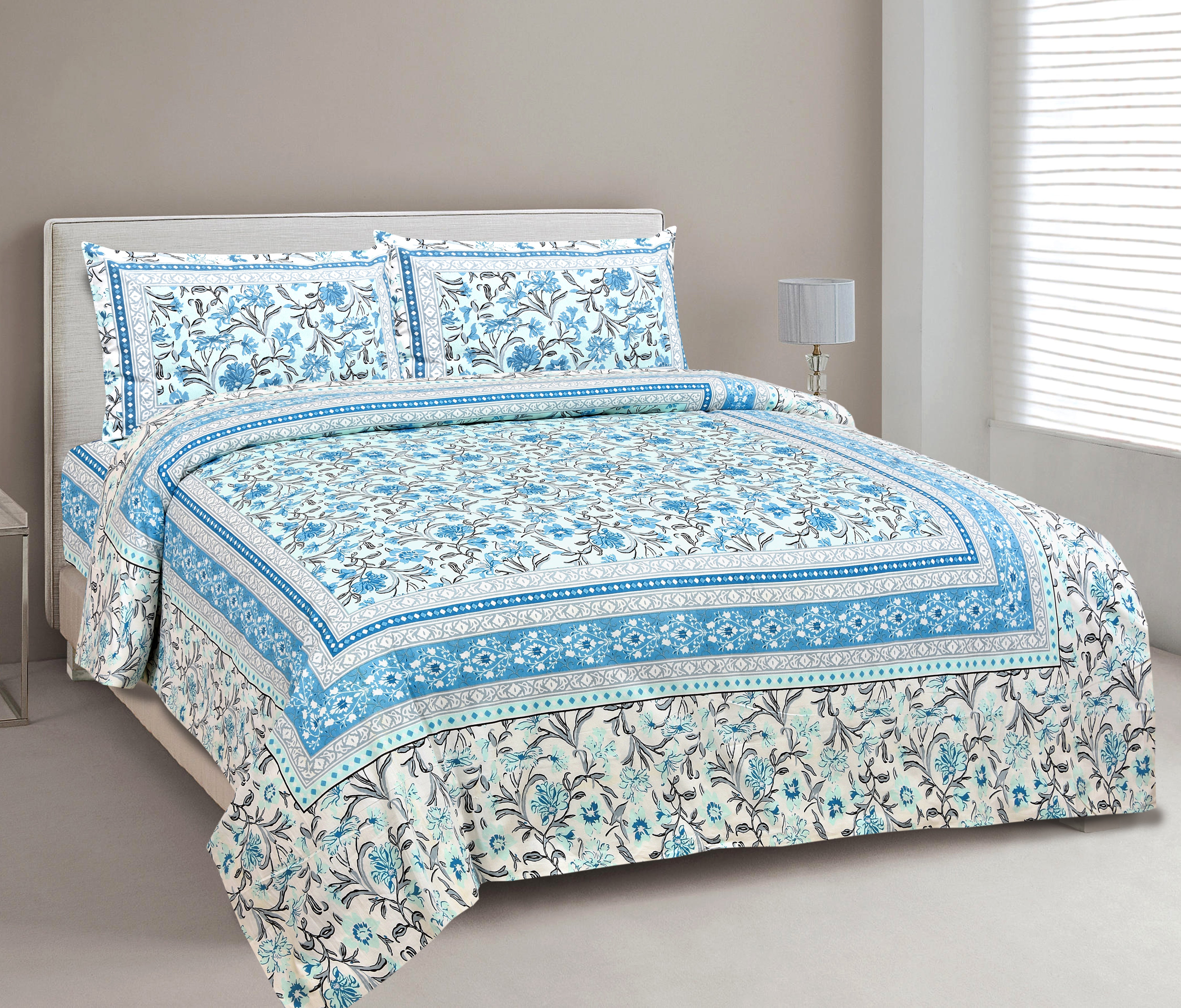 Aqua Garden Hand Block Printed Cotton King Bedsheet Set