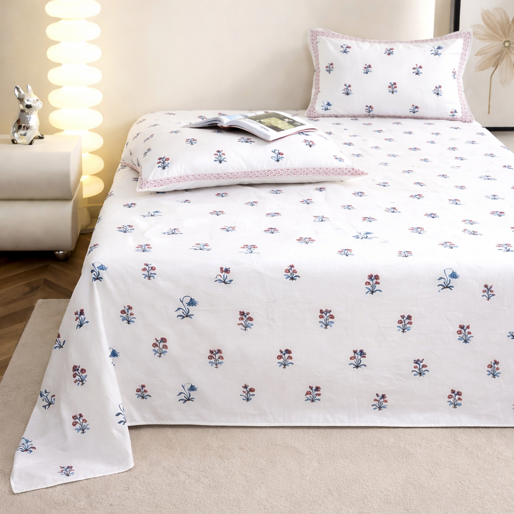 Elysian Dream Hand Block Printed Cotton King Bedsheet Set | 90x108 | 240 TC