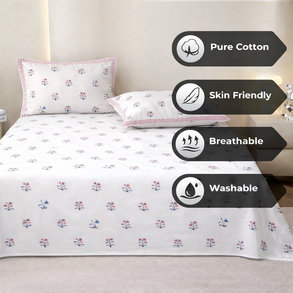 Elysian Dream Hand Block Printed Cotton King Bedsheet Set | 90x108 | 240 TC