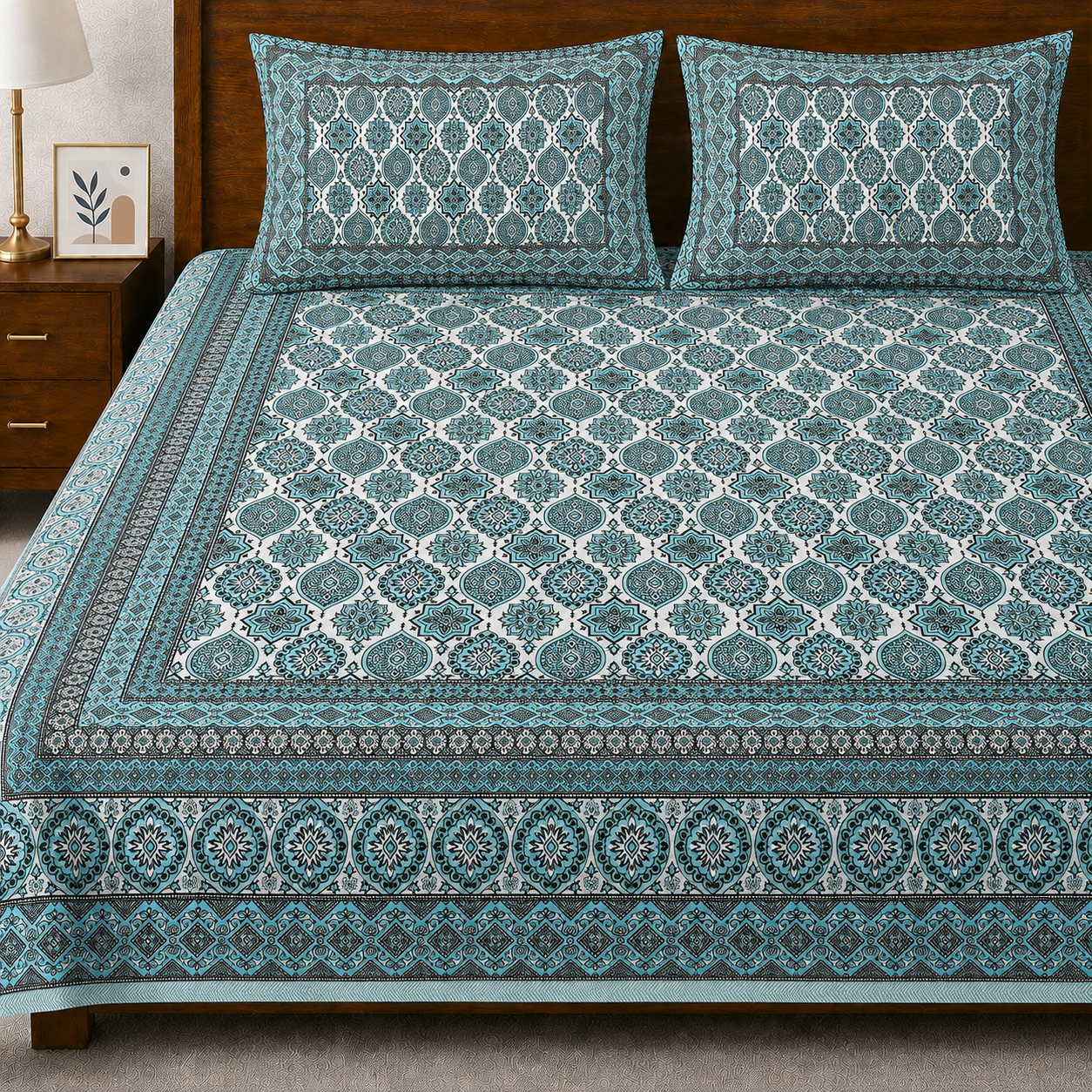 Firozi Chhaon Hand Block Printed Cotton King Bedsheet Set | 90×108 | 240 TC