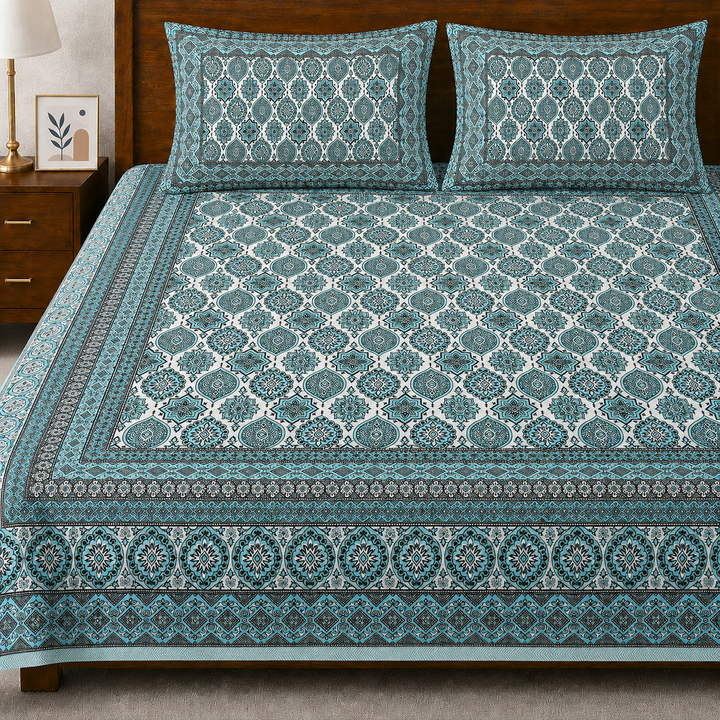 Firozi Chhaon Hand Block Printed Cotton King Bedsheet Set | 90×108 | 240 TC