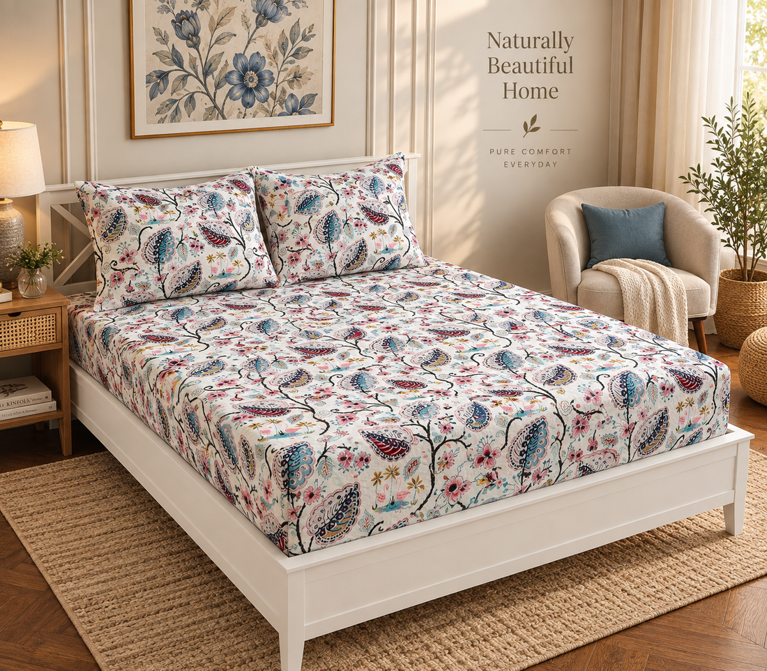 Flamingo Petal Elastic Cotton Fitted King Bedsheet (78×72×8 Inch) with 2 Pillow Covers (18×28 Inch) | Soft & Cozy Bedding