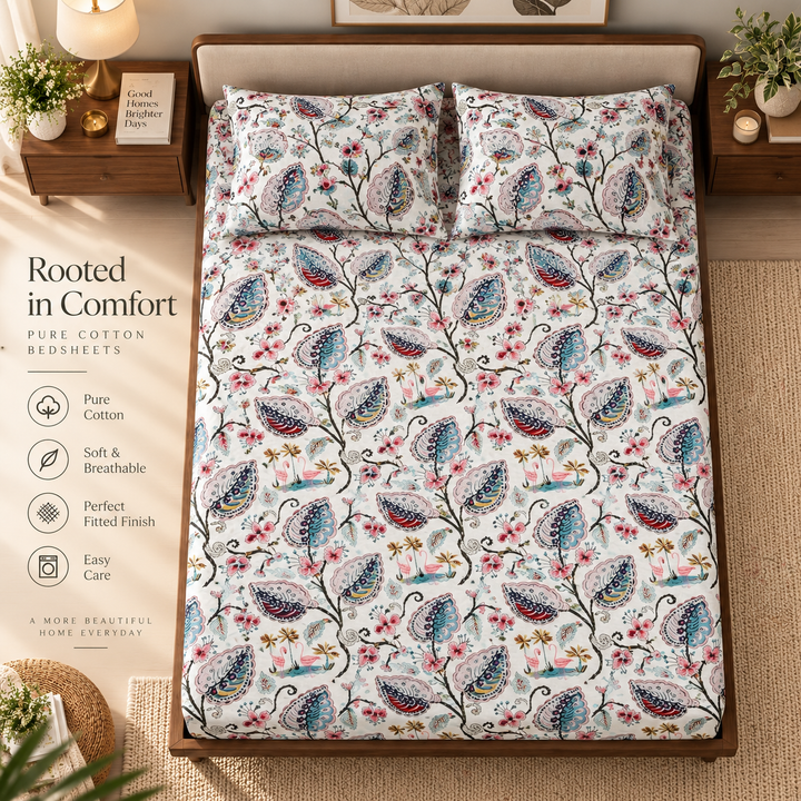 Flamingo Petal Elastic Cotton Fitted King Bedsheet (78×72×8 Inch) with 2 Pillow Covers (18×28 Inch) | Soft & Cozy Bedding