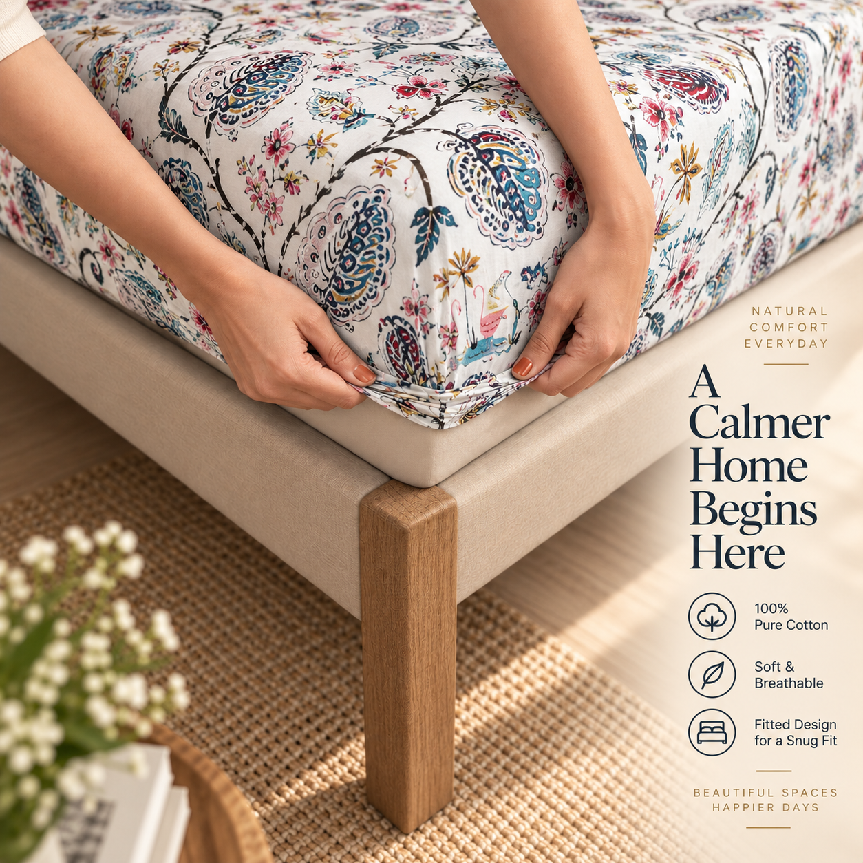 Flamingo Petal Elastic Cotton Fitted King Bedsheet (78×72×8 Inch) with 2 Pillow Covers (18×28 Inch) | Soft & Cozy Bedding