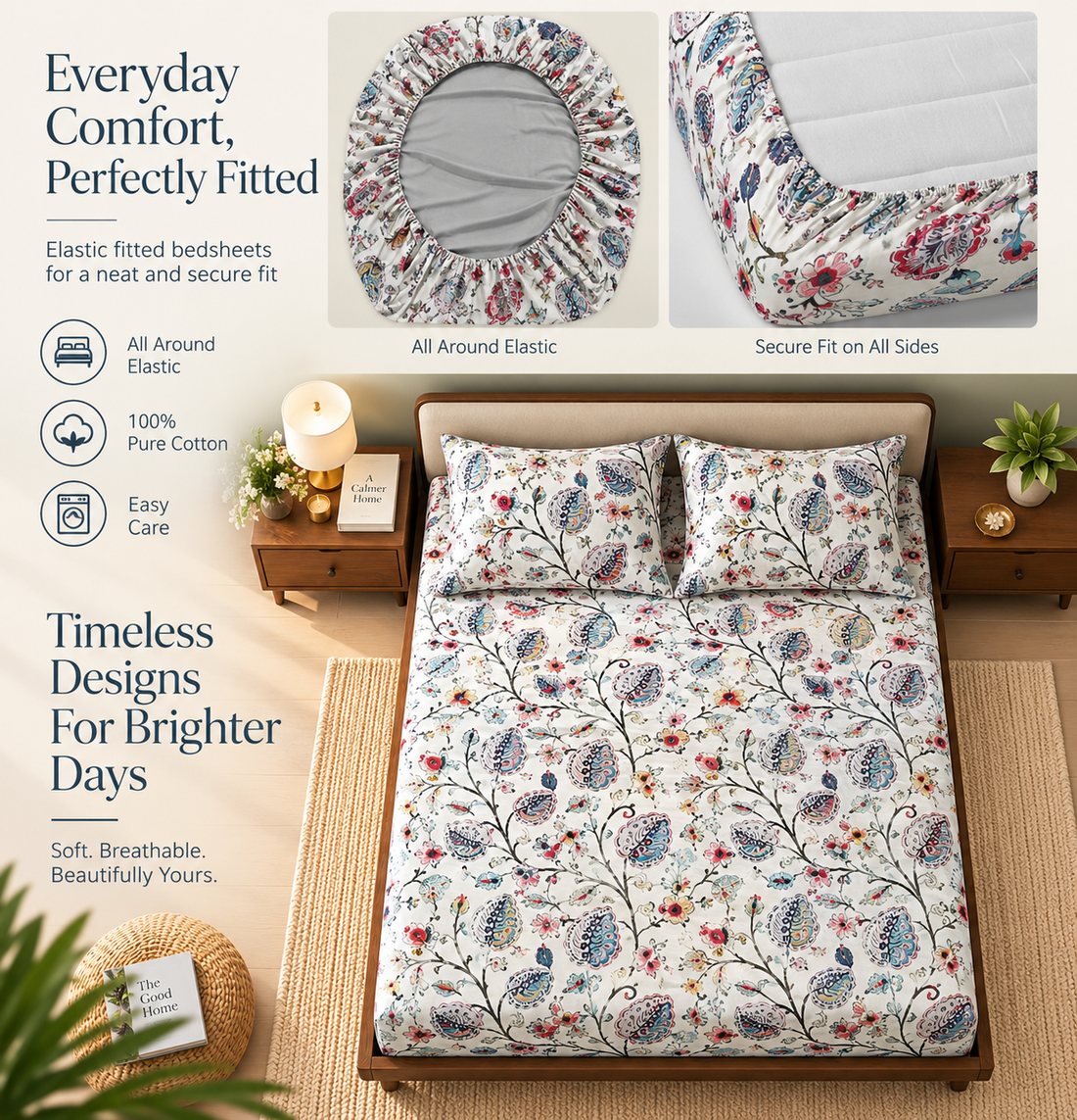 Flamingo Petal Elastic Cotton Fitted King Bedsheet (78×72×8 Inch) with 2 Pillow Covers (18×28 Inch) | Soft & Cozy Bedding