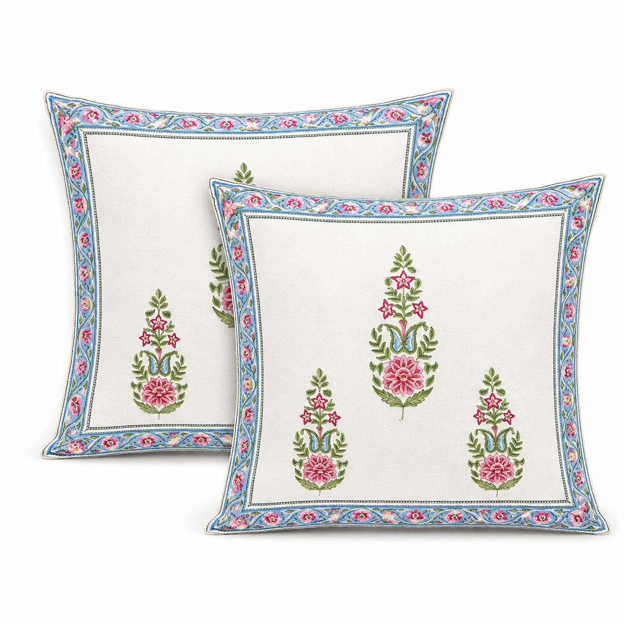 Floral Meher Bloom Cushion Covers 16x16 Inches Pack of 2 | Jaipuri Hand Block Print Canvas Cotton Pillow Covers | Decorative Throw Cushion Cover Set