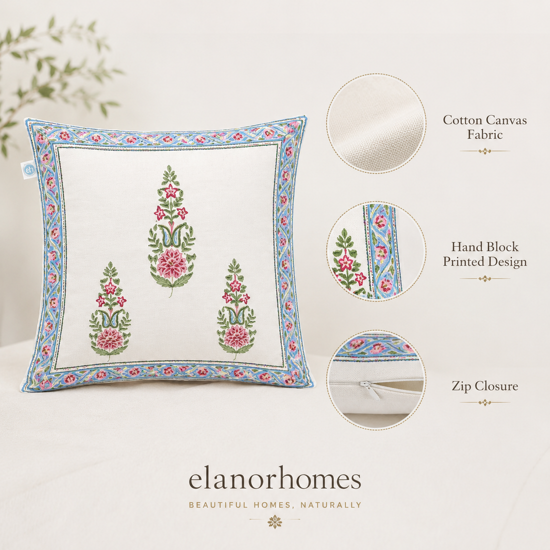 Floral Meher Bloom Cushion Covers 16x16 Inches Pack of 2 | Jaipuri Hand Block Print Canvas Cotton Pillow Covers | Decorative Throw Cushion Cover Set