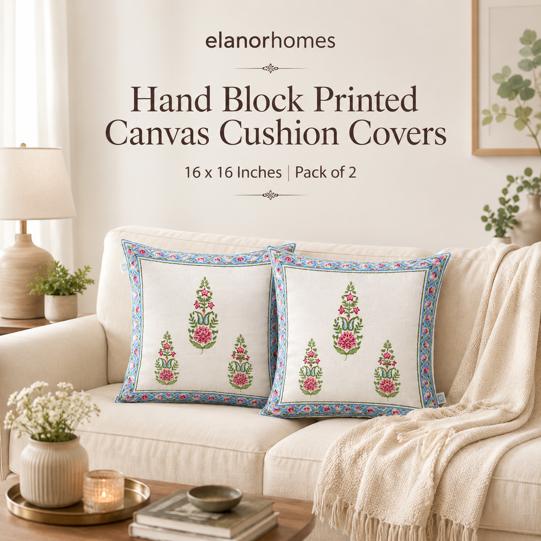 Floral Meher Bloom Cushion Covers 16x16 Inches Pack of 2 | Jaipuri Hand Block Print Canvas Cotton Pillow Covers | Decorative Throw Cushion Cover Set
