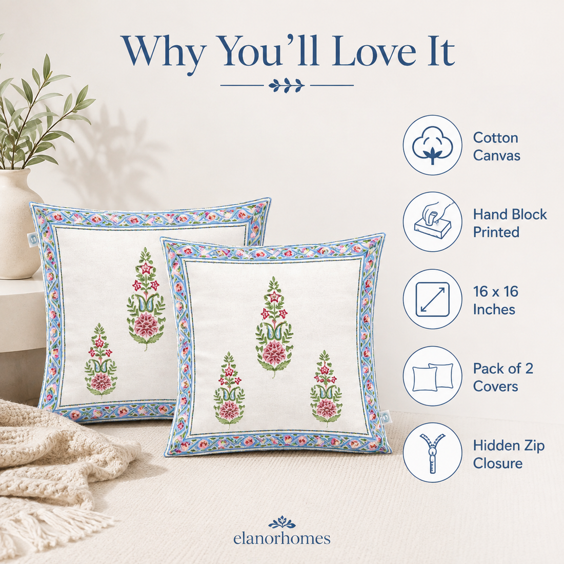 Floral Meher Bloom Cushion Covers 16x16 Inches Pack of 2 | Jaipuri Hand Block Print Canvas Cotton Pillow Covers | Decorative Throw Cushion Cover Set