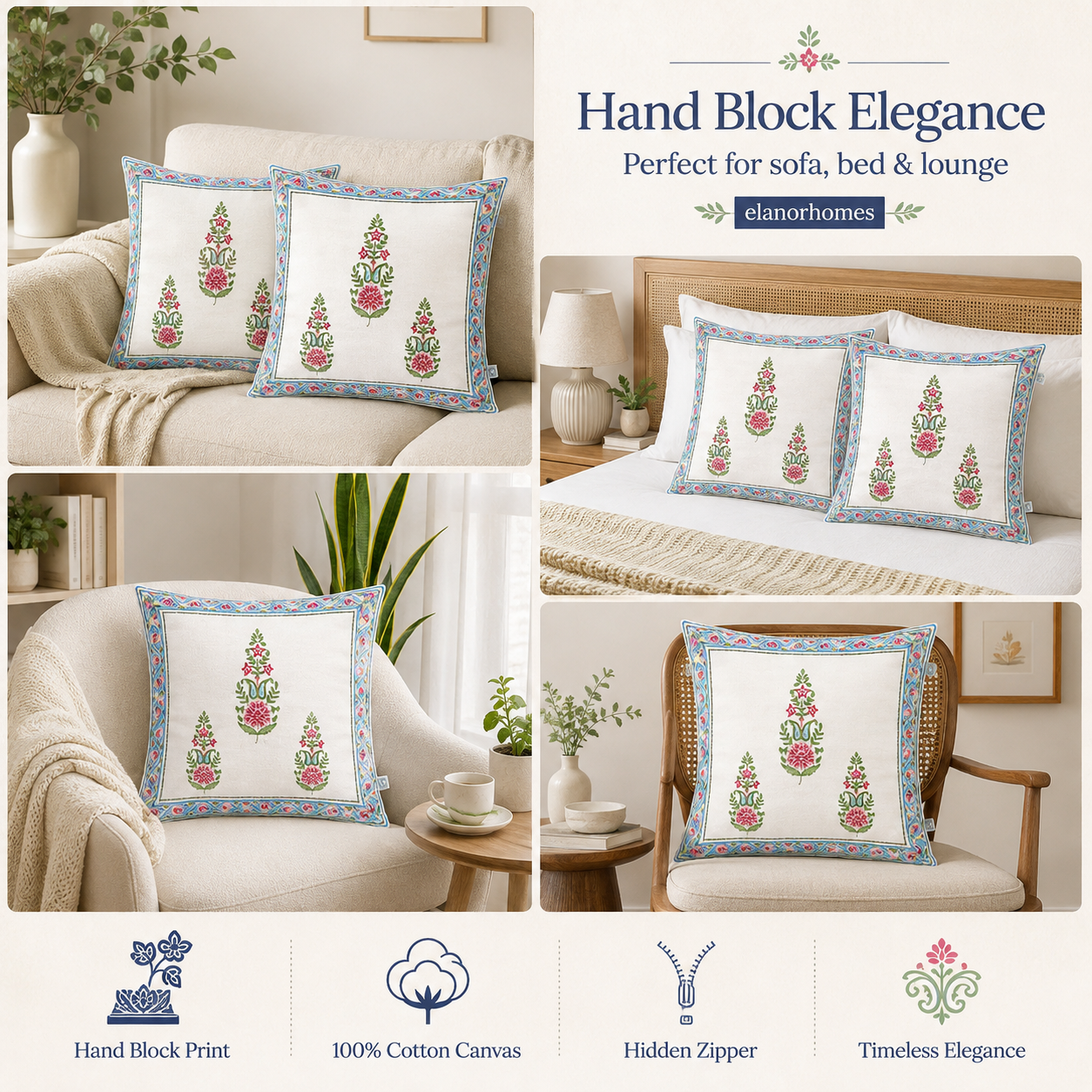 Floral Meher Bloom Cushion Covers 16x16 Inches Pack of 2 | Jaipuri Hand Block Print Canvas Cotton Pillow Covers | Decorative Throw Cushion Cover Set