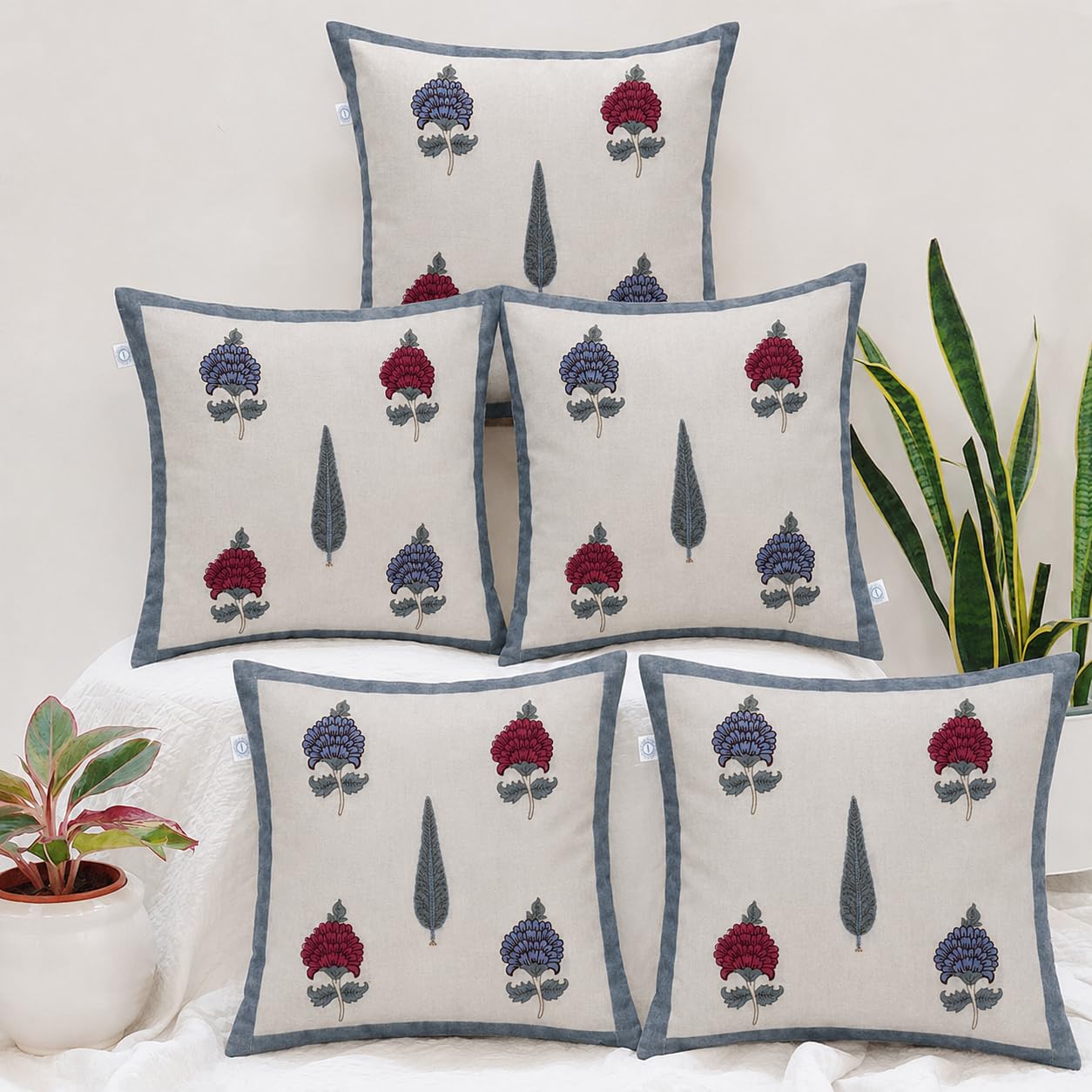 Floral Bloom yellow hand block printed cotton cushion covers 16x16 inches pack of 5