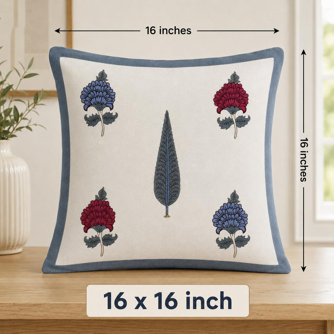 Floral Bloom Cushion Covers 16x16 Inches Pack of 5 | Jaipuri Hand Block Print Cotton Pillow Covers | Soft 300 TC Decorative Throw Cushion Cover Set