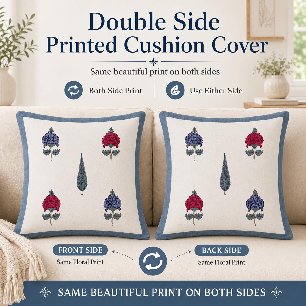 Floral Bloom Cushion Covers 16x16 Inches Pack of 5 | Jaipuri Hand Block Print Cotton Pillow Covers | Soft 300 TC Decorative Throw Cushion Cover Set