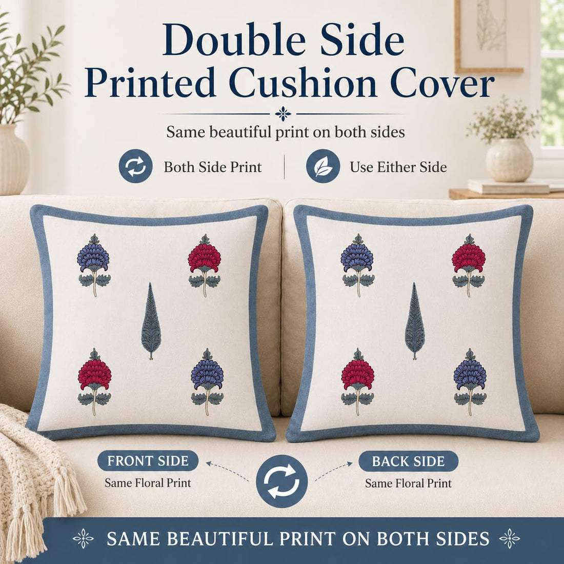 Floral Bloom Cushion Covers 16x16 Inches Pack of 5 | Jaipuri Hand Block Print Cotton Pillow Covers | Soft 300 TC Decorative Throw Cushion Cover Set
