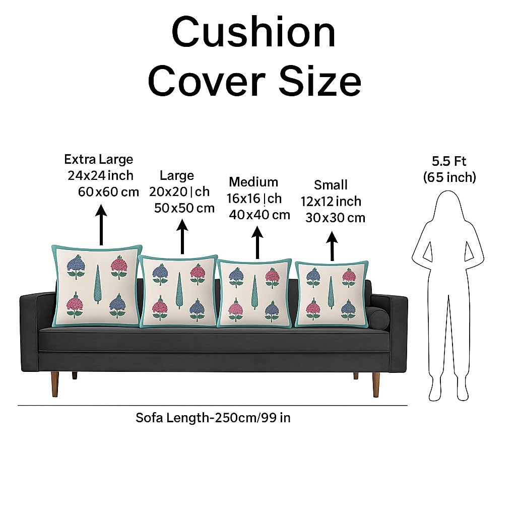 Floral Bloom Cushion Covers 16x16 Inches Pack of 5 | Jaipuri Hand Block Print Cotton Pillow Covers | Soft 300 TC Decorative Throw Cushion Cover Set