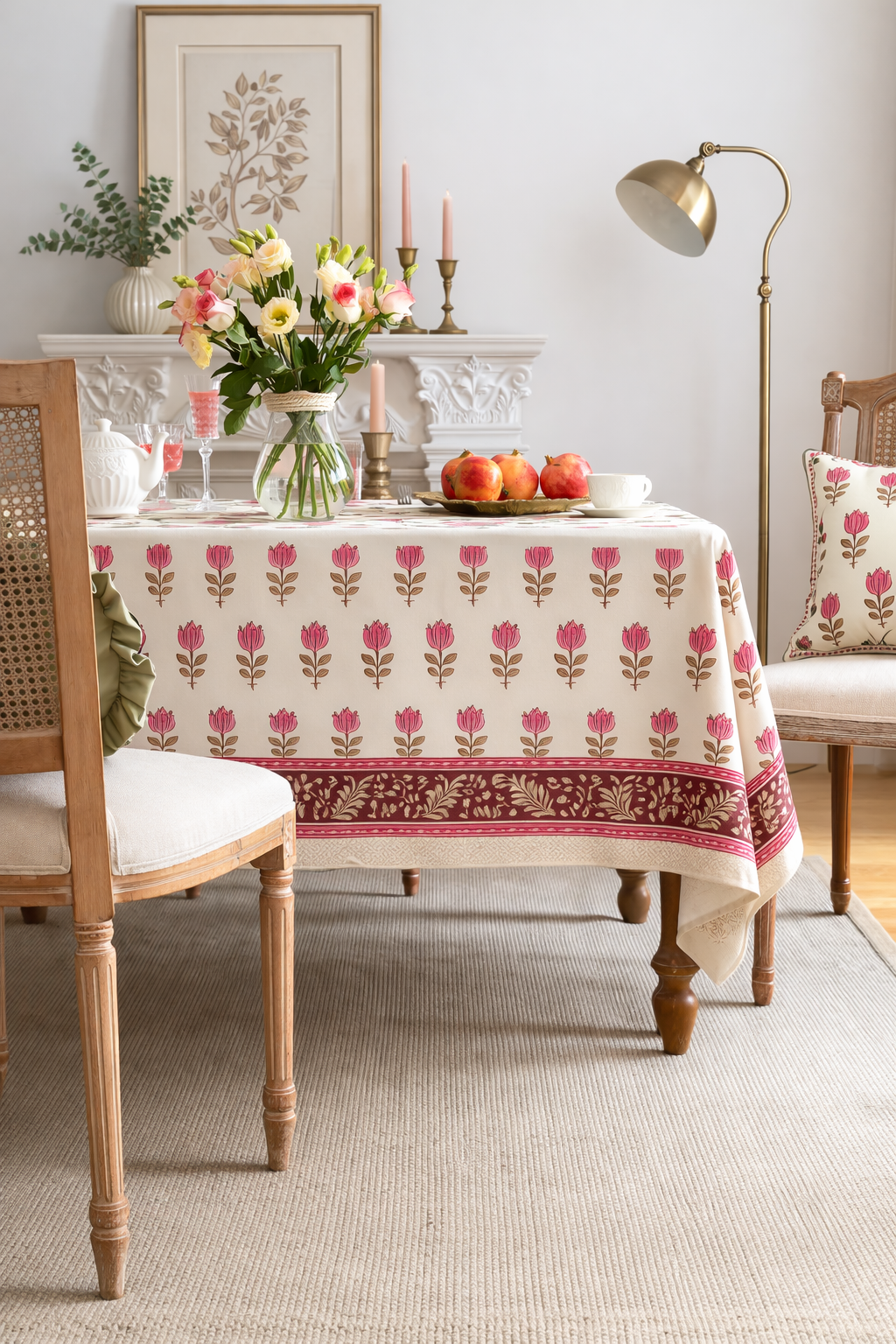 Floral Motif Hand Block Printed Cotton Table Cover I 6 Seater