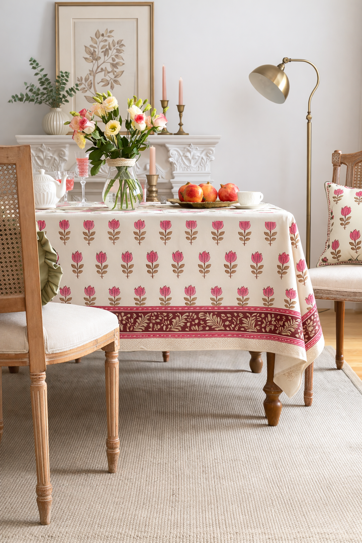 Floral Motif Hand Block Printed Cotton Table Cover I 6 Seater