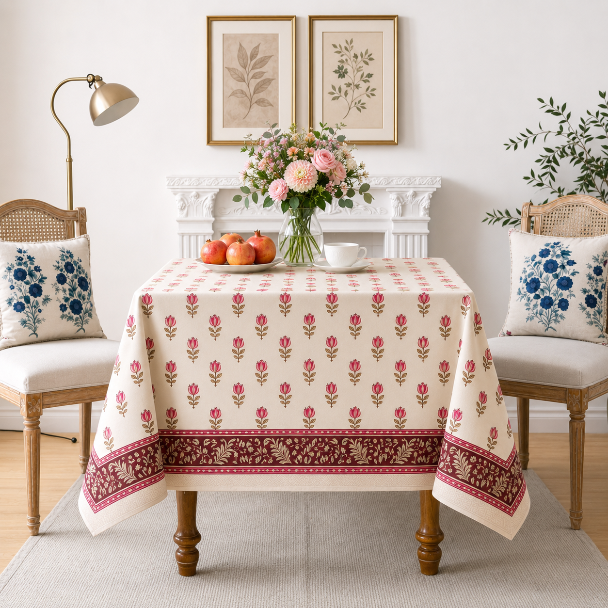 Floral Motif Hand Block Printed Cotton Table Cover I 6 Seater