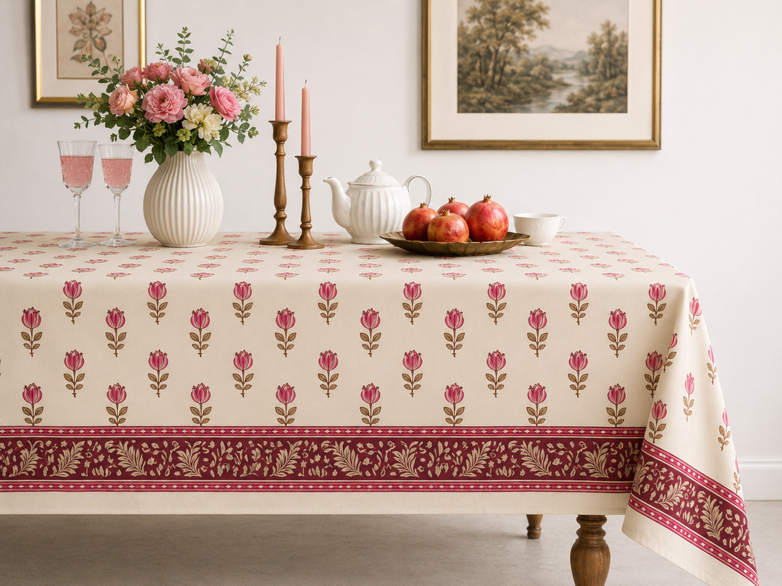 Floral Motif Hand Block Printed Cotton Table Cover I 6 Seater