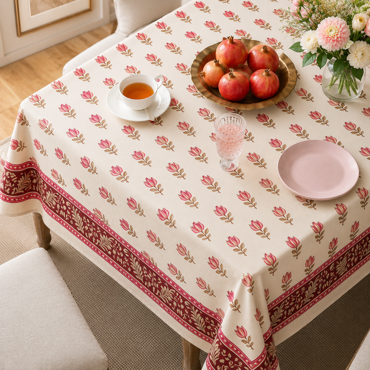 Floral Motif Hand Block Printed Cotton Table Cover I 6 Seater