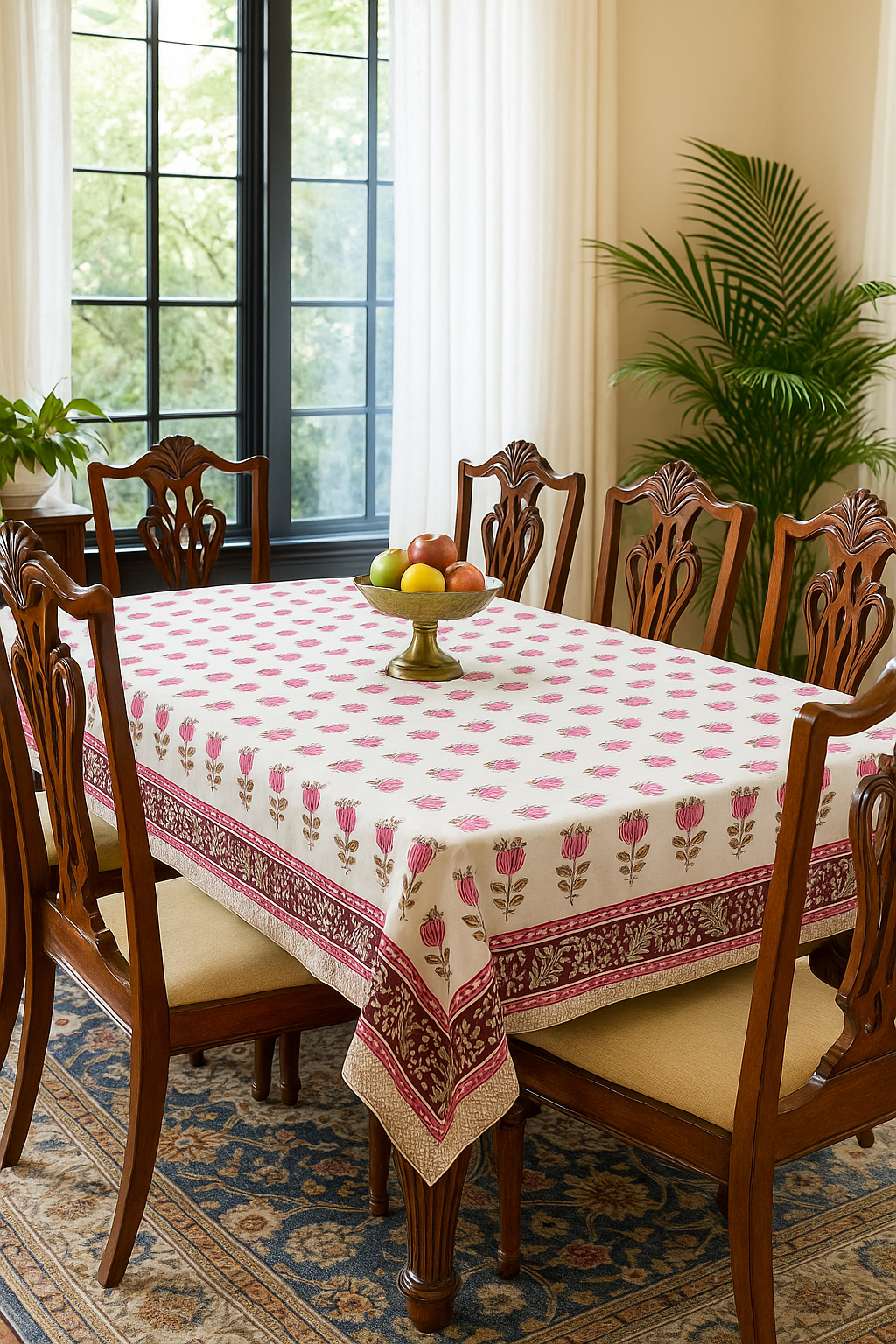 Pink hand block printed cotton table cover 6 seater 60x90 inches