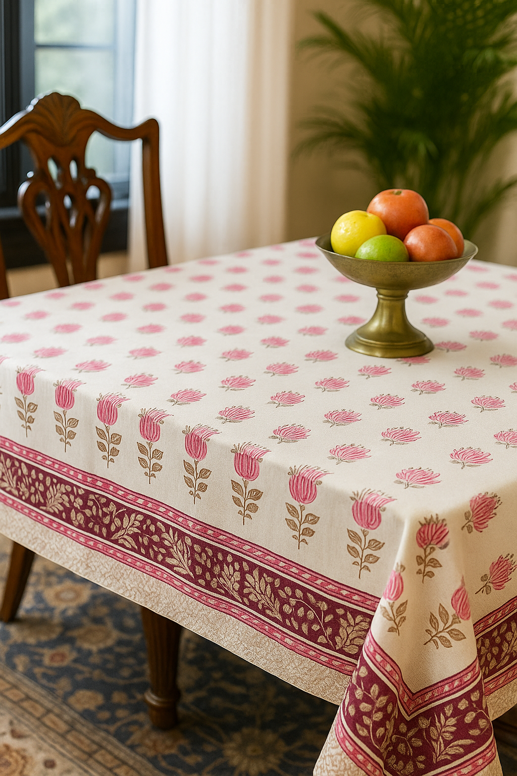 Floral Motif Hand Block Printed Cotton Table Cover I 6 Seater