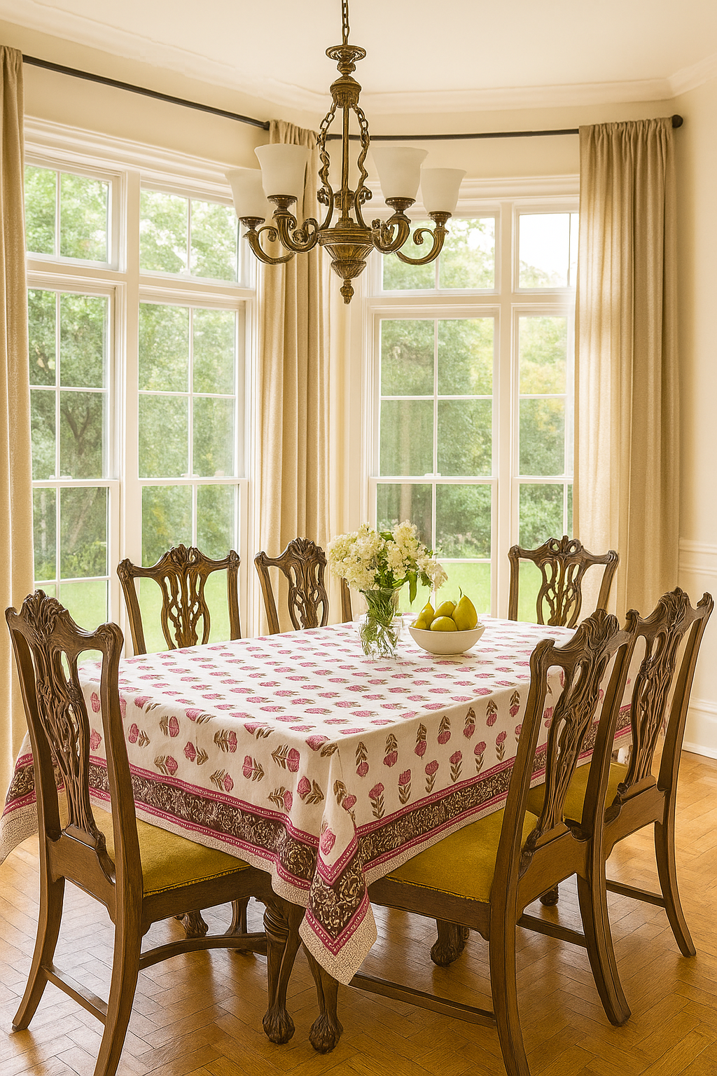Floral Motif Hand Block Printed Cotton Table Cover I 6 Seater