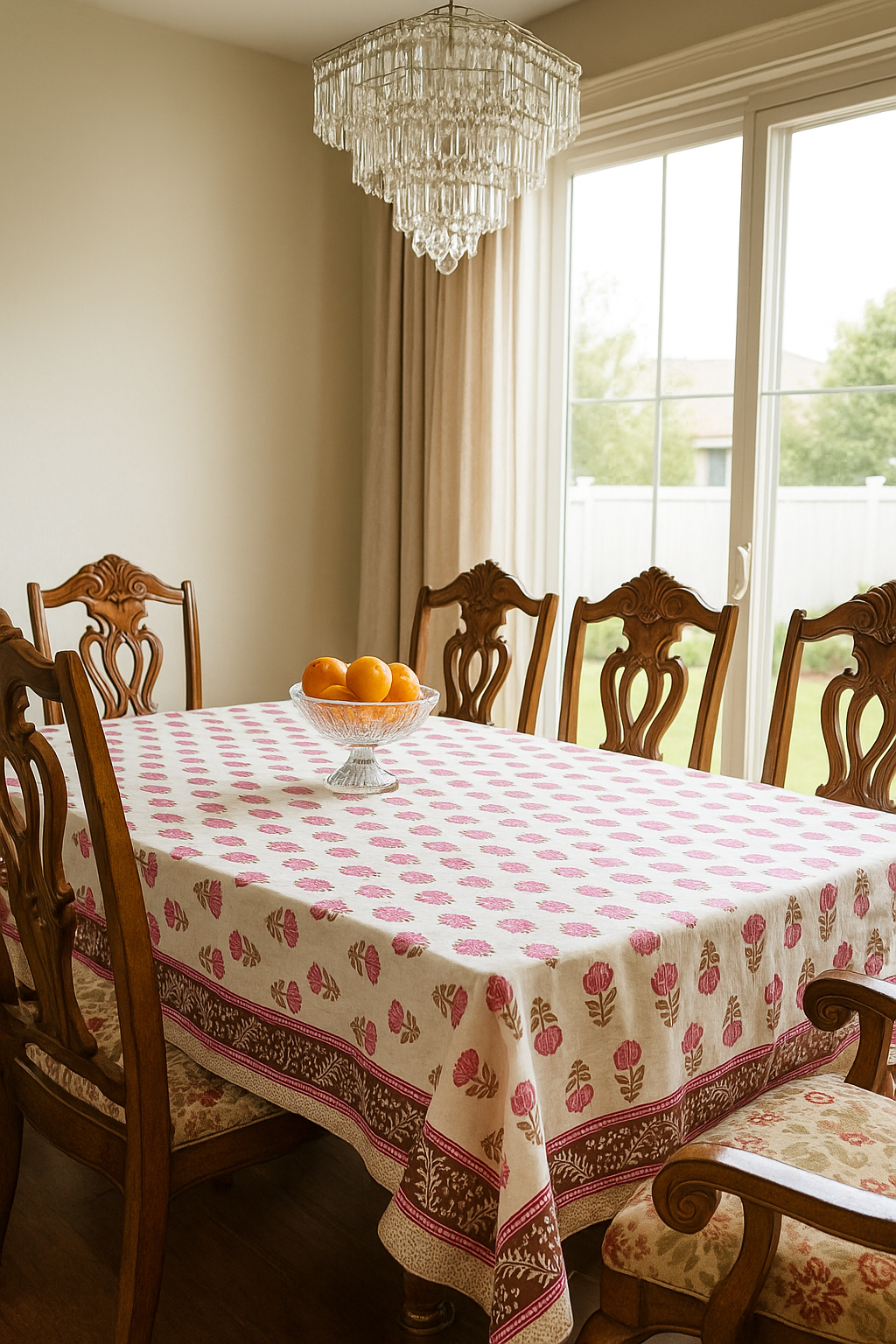 Floral Motif Hand Block Printed Cotton Table Cover I 6 Seater