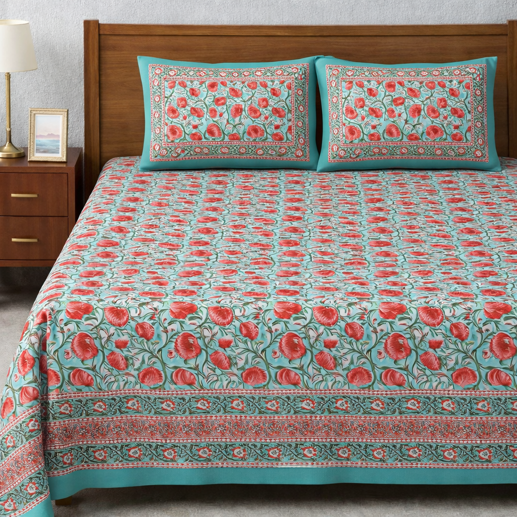 Turquoise Pink Lotus Hand Block Printed Cotton King Bedsheet Set | 90×108 | 240 TC