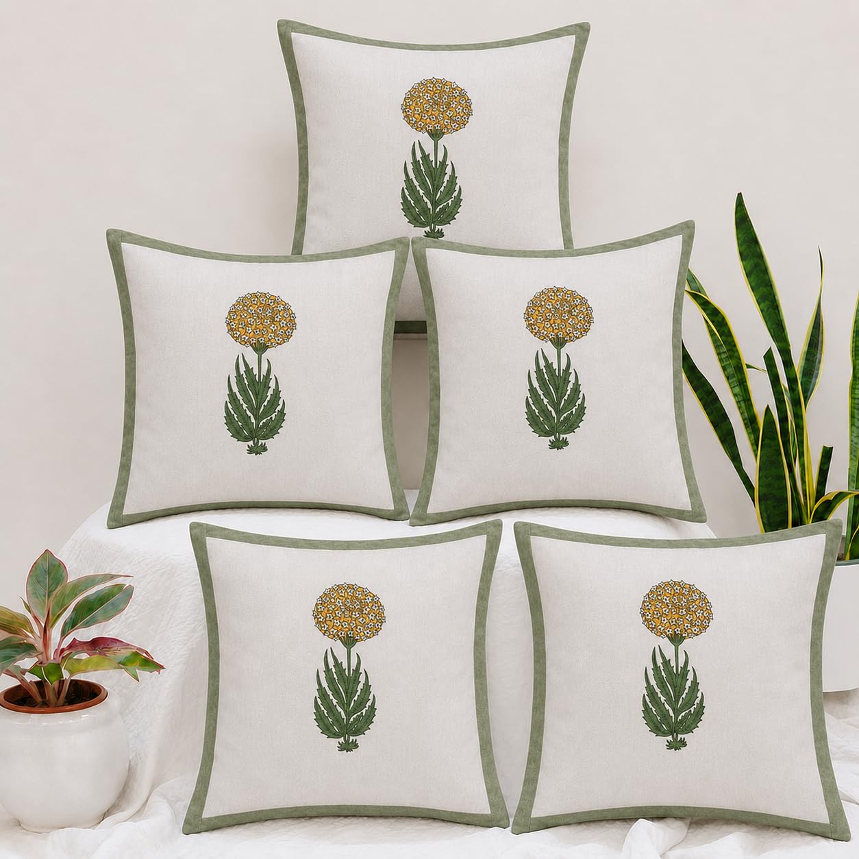 Florance Bloom yellow hand block printed cotton cushion covers 16x16 inches pack of 5
