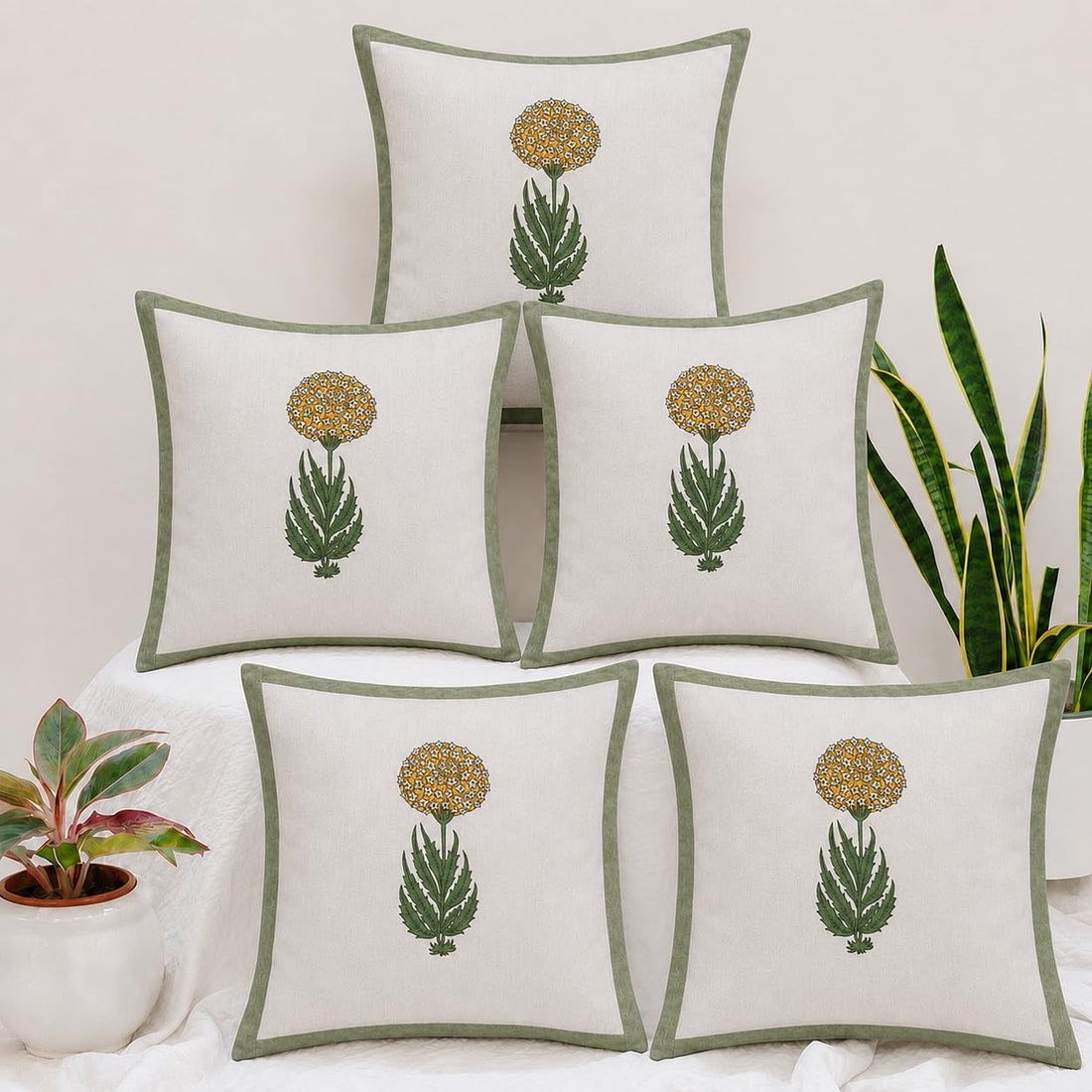 Florance Bloom yellow hand block printed cotton cushion covers 16x16 inches pack of 5
