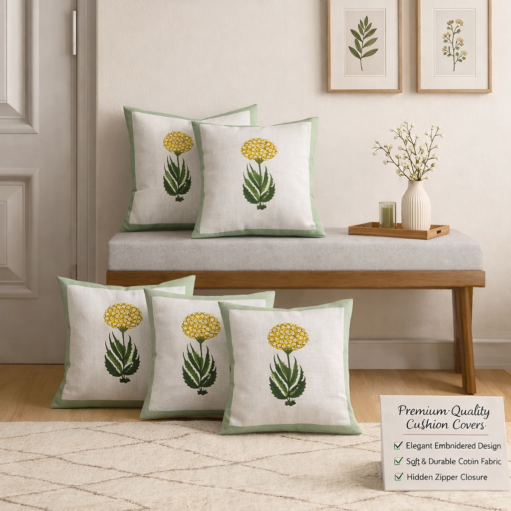 Florance Bloom Cushion Covers 16x16 Inches Pack of 5 | Jaipuri Hand Block Print Cotton Pillow Covers | Soft 300 TC Decorative Throw Cushion Cover Set
