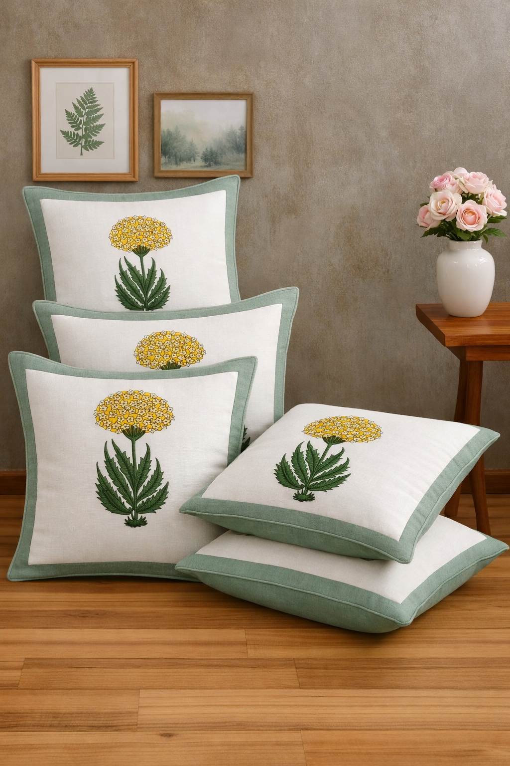 Florance Bloom Cushion Covers 16x16 Inches Pack of 5 | Jaipuri Hand Block Print Cotton Pillow Covers | Soft 300 TC Decorative Throw Cushion Cover Set