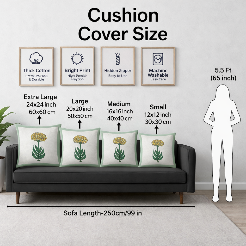 Florance Bloom Cushion Covers 16x16 Inches Pack of 5 | Jaipuri Hand Block Print Cotton Pillow Covers | Soft 300 TC Decorative Throw Cushion Cover Set