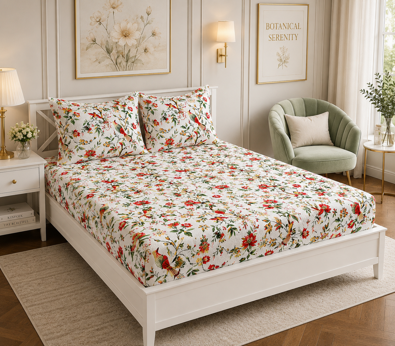 Flying Petal Elastic Cotton Fitted King Bedsheet (78×72×8 Inch) with 2 Pillow Covers (18×28 Inch) | Soft & Cozy Bedding