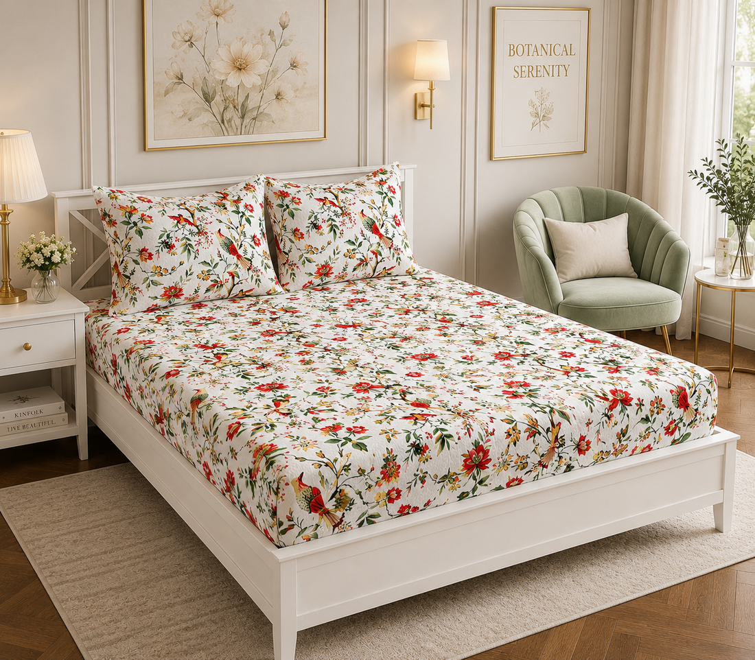 Flying Petal Elastic Cotton Fitted King Bedsheet (78×72×8 Inch) with 2 Pillow Covers (18×28 Inch) | Soft & Cozy Bedding